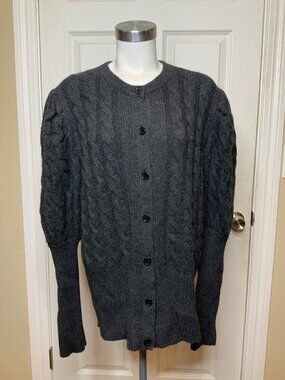 Madeleine Thompson Gray Cashmere Wool Cable Knit Bishop Sleeve Cardigan, Size XL